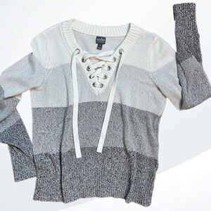 Soho Women's V-Neck Sweater in Gray and Cream color Block Scheme